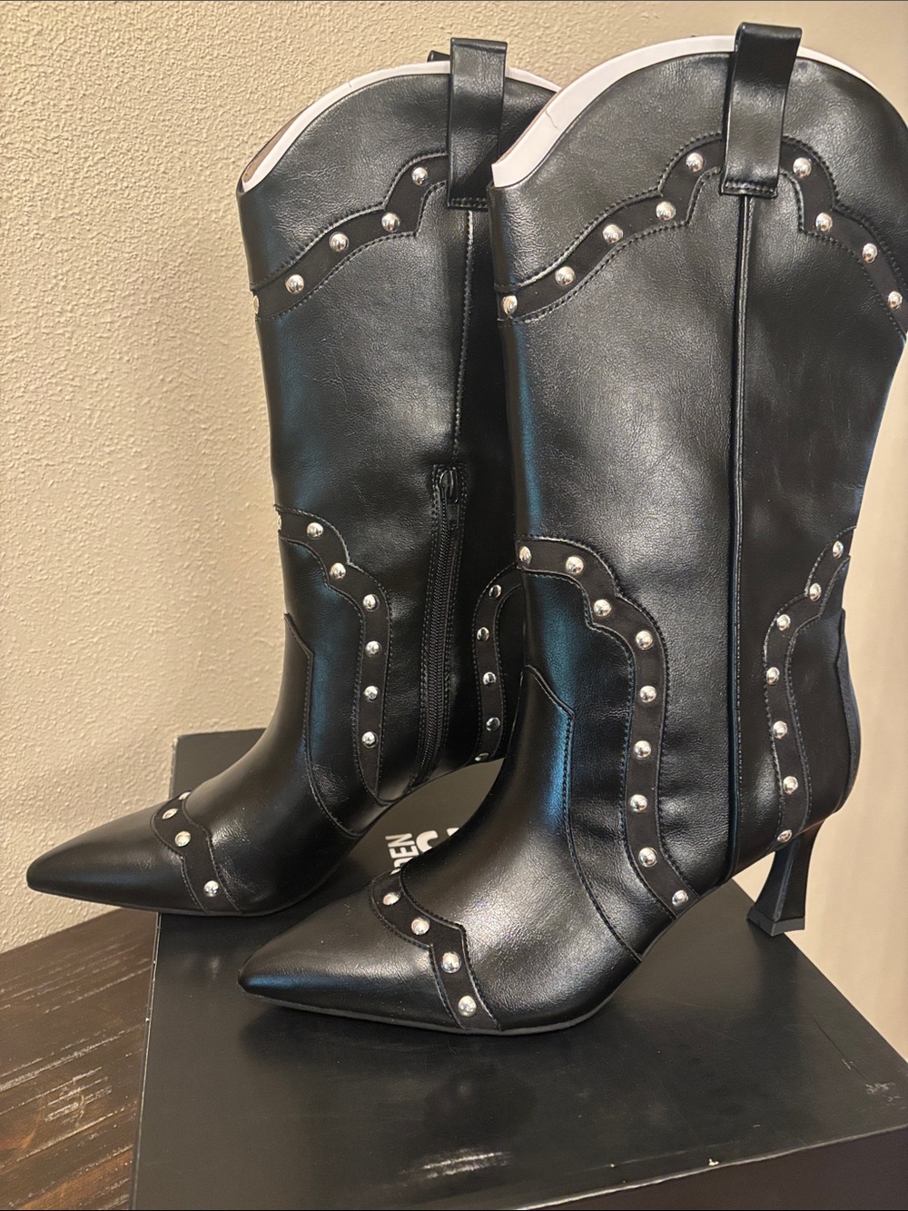 Madden NYC Women’s Black Studded Pointed-Toe Mid-Calf Heeled Boots